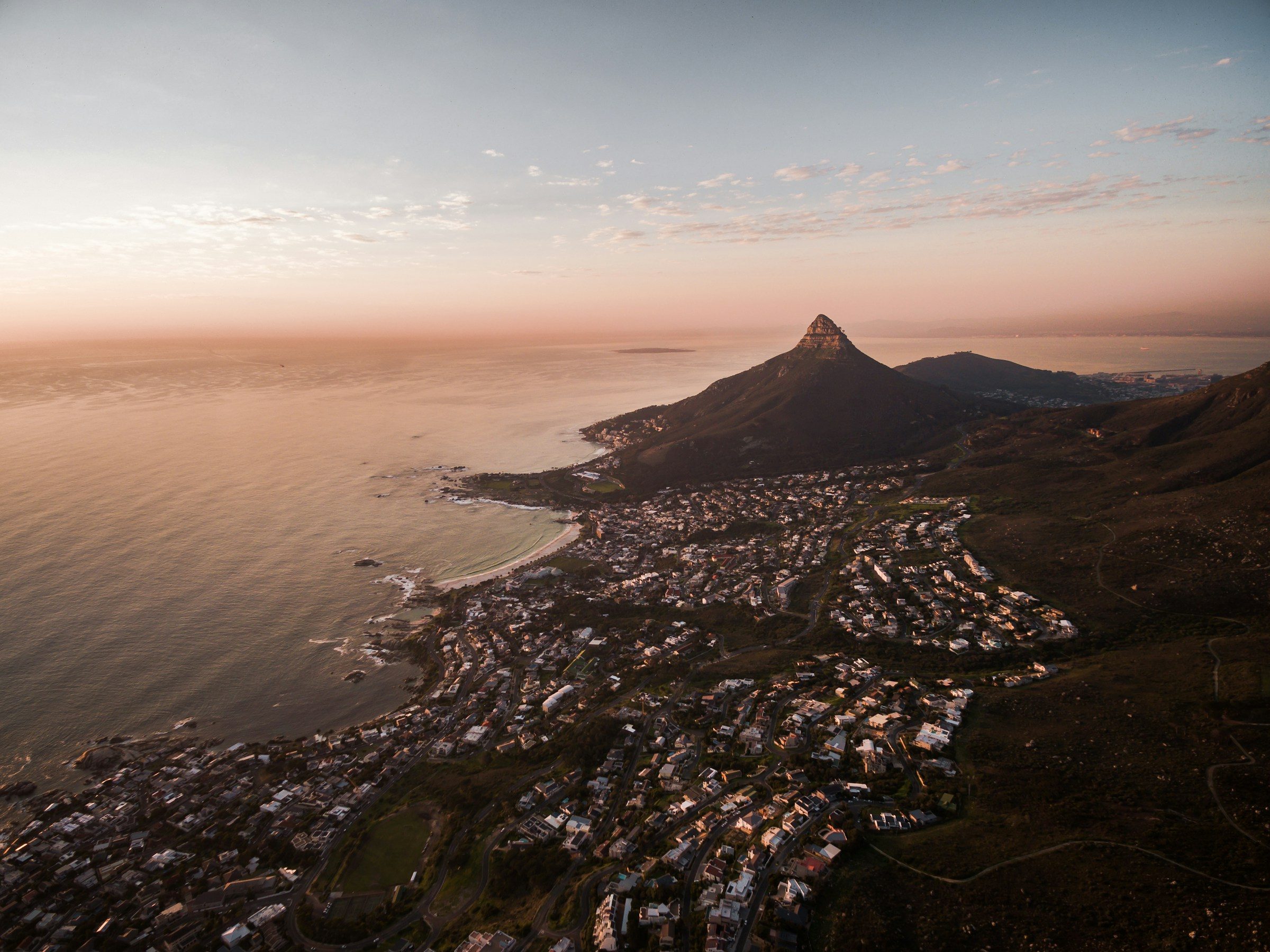 Aerial view of Cape Town with the Atlantic Ocean and Table Mountain